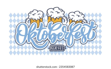 Oktoberfest logotype. Beer Festival vector banner. Illustration of Bavarian festival design on textured background with floral wreath. Blue, white lettering typography for logo, poster, card, postcard