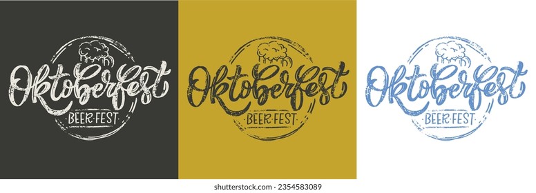 Oktoberfest logotype. Beer Festival vector banner. Illustration of Bavarian festival design on textured background with floral wreath. Blue, white lettering typography for logo, poster, card, postcard