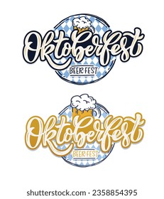 Logotipo de Oktoberfest. Cartel vectorial del Festival de la Cerveza. Ilustración del diseño del festival bávaro sobre fondo texturado con flores. Tipografía con letras azules y blancas para logotipo, afiche, tarjeta, postal