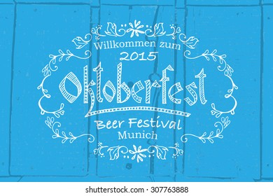 Oktoberfest logotype. Beer Festival vector banner. Illustration of Bavarian festival design on textured background with floral wreath. Blue, white lettering typography for logo, poster, card, postcard