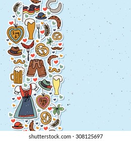 Oktoberfest logotype. Beer Festival vector banner. Illustration of Bavarian festival design on textured background with floral wreath. Blue, white lettering typography for logo, poster, card, postcard