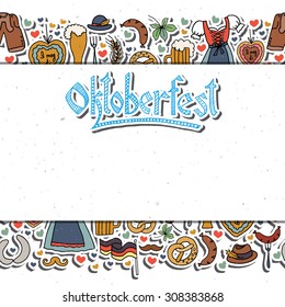 Oktoberfest logotype. Beer Festival vector banner. Illustration of Bavarian festival design on textured background with floral wreath. Blue, white lettering typography for logo, poster, card, postcard