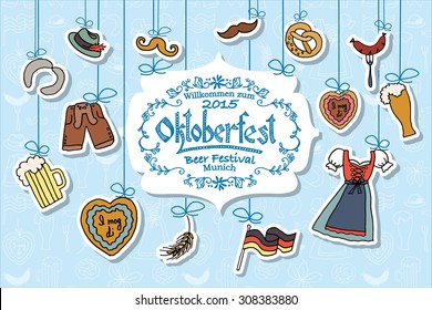 Oktoberfest logotype. Beer Festival vector banner. Illustration of Bavarian festival design on textured background with floral wreath. Blue, white lettering typography for logo, poster, card, postcard