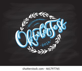 Oktoberfest logotype. Beer Festival vector banner. Illustration of Bavarian festival design on textured background with floral wreath. Blue, white lettering typography for logo, poster, card, postcard