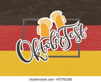 Oktoberfest logotype. Beer Festival vector banner. Illustration of Bavarian festival design on textured background with floral wreath. Blue, white lettering typography for logo, poster, card, postcard