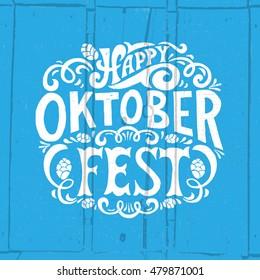 Logotipo Oktoberfest. Cartel vectorial del Festival de Cerveza. Ilustración del diseño del festival bávaro sobre fondo texturado con flores. Tipografía con letras azules y blancas para logotipo, póster, tarjeta, postal