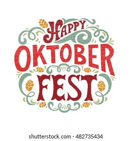 Logotipo Oktoberfest. Cartel vectorial del Festival de Cerveza. Ilustración del diseño del festival bávaro sobre fondo texturado con flores. Tipografía con letras azules y blancas para logotipo, póster, tarjeta, postal