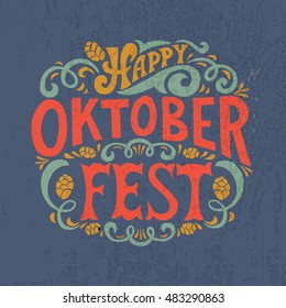 Oktoberfest logotype. Beer Festival vector banner. Illustration of Bavarian festival design on textured background with floral wreath. Blue, white lettering typography for logo, poster, card, postcard