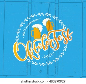 Oktoberfest logotype. Beer Festival vector banner. Illustration of Bavarian festival design on textured background with floral wreath. Blue, white lettering typography for logo, poster, card, postcard