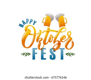 Oktoberfest logotype. Beer Festival vector banner. Illustration of Bavarian festival design on textured background with floral wreath. Blue, white lettering typography for logo, poster, card, postcard