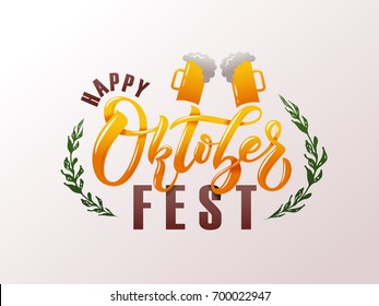 Oktoberfest logotype. Beer Festival vector banner. Illustration of Bavarian festival design on textured background with floral wreath. Blue, white lettering typography for logo, poster, card, postcard