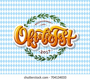 Oktoberfest logotype. Beer Festival vector banner. Illustration of Bavarian festival design on textured background with floral wreath. Blue, white lettering typography for logo, poster, card, postcard