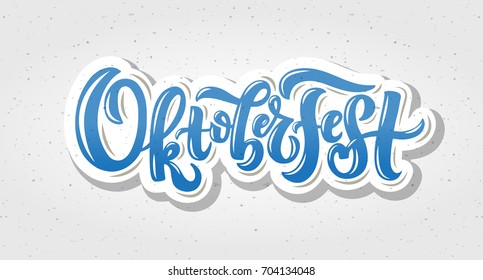 Oktoberfest logotype. Beer Festival vector banner. Illustration of Bavarian festival design on textured background with floral wreath. Blue, white lettering typography for logo, poster, card, postcard