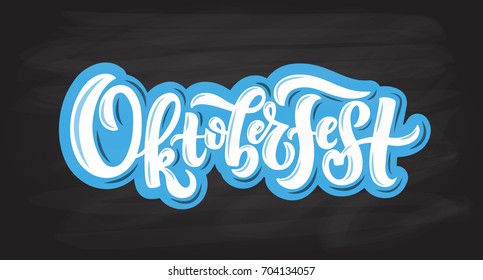 Oktoberfest logotype. Beer Festival vector banner. Illustration of Bavarian festival design on textured background with floral wreath. Blue, white lettering typography for logo, poster, card, postcard