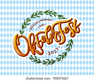 Oktoberfest logotype. Beer Festival vector banner. Illustration of Bavarian festival design on textured background with floral wreath. Blue, white lettering typography for logo, poster, card, postcard