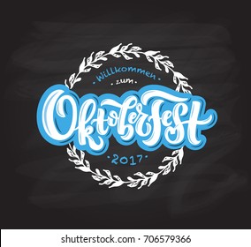 Oktoberfest logotype. Beer Festival vector banner. Illustration of Bavarian festival design on blackboard with floral wreath. Blue, white lettering typography for logo, poster, card, postcard