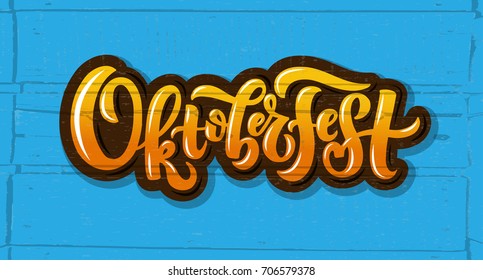 Oktoberfest logotype. Beer Festival vector banner. Illustration of Bavarian festival design on textured background with floral wreath. Blue, white lettering typography for logo, poster, card, postcard