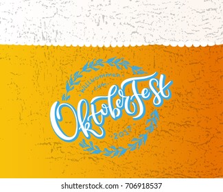 Oktoberfest logotype. Beer Festival vector banner. Illustration of Bavarian festival design on textured background with floral wreath. Blue, white lettering typography for logo, poster, card, postcard