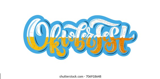 Oktoberfest logotype. Beer Festival vector banner. Illustration of Bavarian festival design on textured background with floral wreath. Blue, white lettering typography for logo, poster, card, postcard