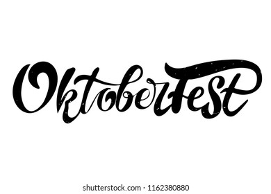Oktoberfest logotype. Black lettering on white textured background. Beer Festival vector banner.  Lettering typography for logo, poster, card, postcard. Vector illustration.