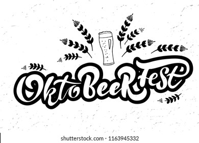 Oktoberfest logotype. A figure of speech, wordplay (OktoBEER, Oktober) Illustration of Bavarian festival design. Logo with beer glass and grain with thick stroke. 