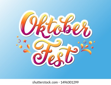Oktoberfest logotype handwritten lettering. Oktoberfest vector design for logo, greeting cards, stickers and poster. Illustration of Bavarian Beer festival design on blue background. 