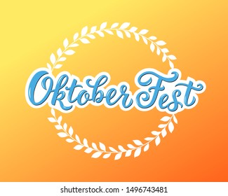Oktoberfest logotype handwritten lettering. Oktoberfest vector design for logo, icon, greeting cards, stickers and poster. Illustration of Bavarian Beer festival design on orange background.