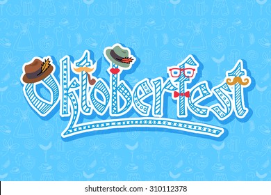 Oktoberfest logotype. Hipster Beer Festival vector banner. Illustration of Bavarian festival design on background with floral wreath. Blue, white lettering typography for logo, poster, card, postcard