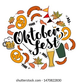 Oktoberfest logotype. Illustration of Bavarian beer festival design with wreath of beer mugs, sausages, roots . Lettering typography for  poster, website, promotion, banner, flyer.