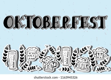 Oktoberfest logotype. Illustration of Bavarian festival design with beer glass and grain, with thick stroke and shadow on blue textured background. For logo, poster, card, website.