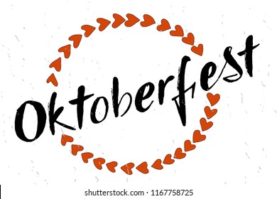 Oktoberfest logotype with orange autumn wreath. Illustration of Bavarian festival design on textured background. For logo, poster, card, postcard