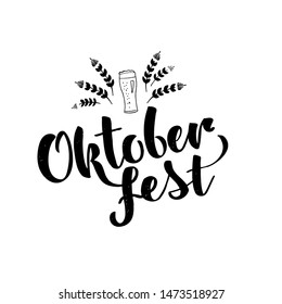 Oktoberfest logotype. Vector illustration for Bavarian beer festival with roots and beer glass on white background. Lettering typography for logo, poster, website, promotion, flyer.