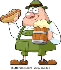 Personaje De Caricatura Del Hombre De Oktoberfest Con Una jarra De Cerveza Y Perro Caliente. Ilustración dibujada a mano vectorial aislada en fondo transparente