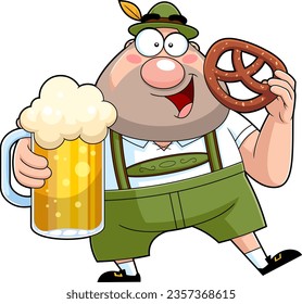 Oktoberfest Man Cartoon Character With A Mug Of Beer And Pretzel Dancing. Vector Hand Drawn Illustration Isolated On Transparent Background