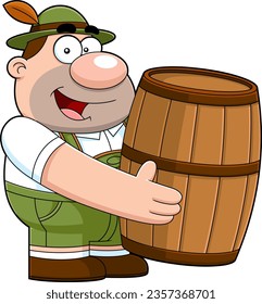 Oktoberfest Man Cartoon Character In Traditional Bavarian Clothes Carrying Wooden Barell With Beer. Vector Hand Drawn Illustration Isolated On Transparent Background