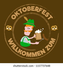 Oktoberfest. A man in a green hat with a feather, with a mug of beer and a sausage in his hands. The text is in a circle. Stamp for printing, for flyer and t-shirt.