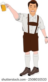 oktoberfest man holding beer glasses,  man in hat, wearing traditional Bavarian or german clothes, holding beer gla. Alcohol, traditions, Vector on white Portrait backgorund