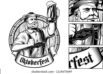 Oktoberfest Man holds a glass of beer near barrel. Traditional bavarian clothes Trachtenhut, Lederhosen. Vector hand drawing illustration of character in vintage stamped engraving retro graphic style.