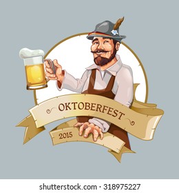 Oktoberfest man standing with big beer mug in right hand. Logo template with place for your text