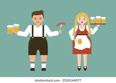 Oktoberfest Man and Woman with Beer and Sausage in Traditional Outfits, Octoberfest characters vector illustration