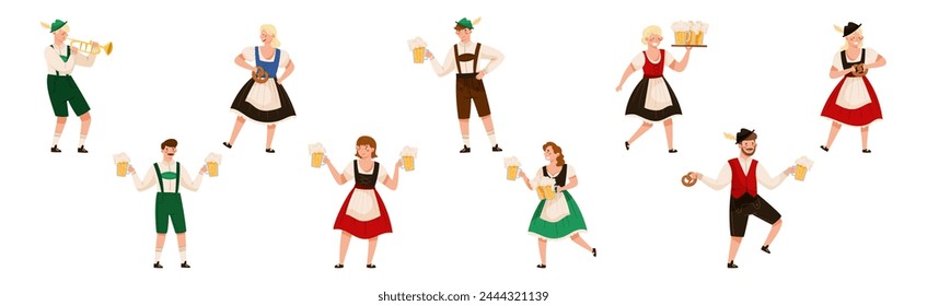 Oktoberfest with Man and Woman Character Celebrating Beer German Festival Vector Set