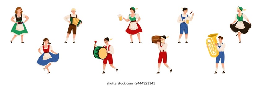 Oktoberfest with Man and Woman Character Celebrating Beer German Festival Vector Set