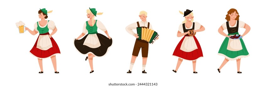 Oktoberfest with Man and Woman Character Celebrating Beer German Festival Vector Set