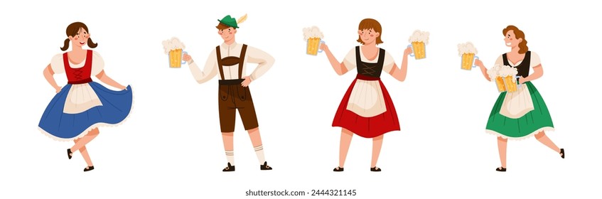 Oktoberfest with Man and Woman Character Celebrating Beer German Festival Vector Set