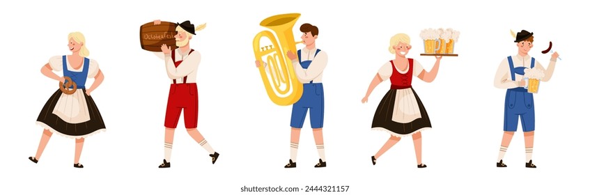 Oktoberfest with Man and Woman Character Celebrating Beer German Festival Vector Set