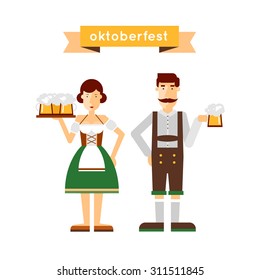 Oktoberfest man and a woman holding a beer. Flat design vector illustration.