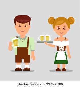 Oktoberfest. Man and a woman holding a beer. Isolated characters.