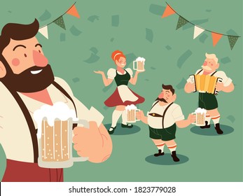 oktoberfest men and woman with traditional cloth beer and banner pennant design, Germany festival and celebration theme Vector illustration