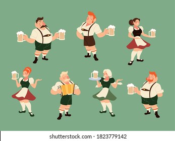 oktoberfest hombres y mujeres con diseño tradicional de ropa y cerveza, festival y tema de celebración alemán Ilustración vectorial