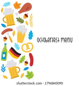 Oktoberfest menu. Background with beer, sausage, pretzel, wheat, leaves, German flag. Vector illustration in flat style.Menu for the beer festival. Perfect for posters, postcards, menu.